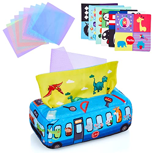 KidsPark Baby Tissue Box Toy, Montessori Sensory Toys 6-12 Months with Crinkle Tissue Papers & Colorful Scarves, Early Learning Educational Toys for Babies Toddlers, Blue