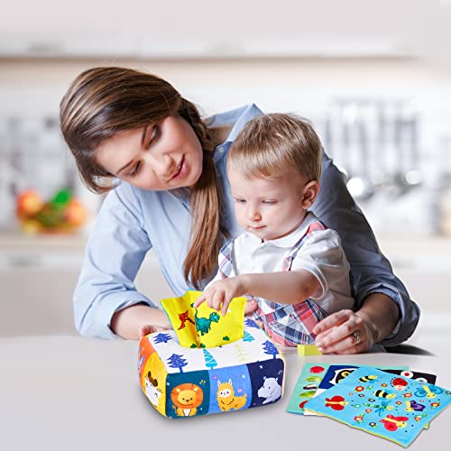KidsPark Baby Tissue Box Toy, Montessori Sensory Toys 6-12 Months with Crinkle Tissue Papers & Colorful Scarves, Early Learning Educational Toys for Babies Toddlers, White